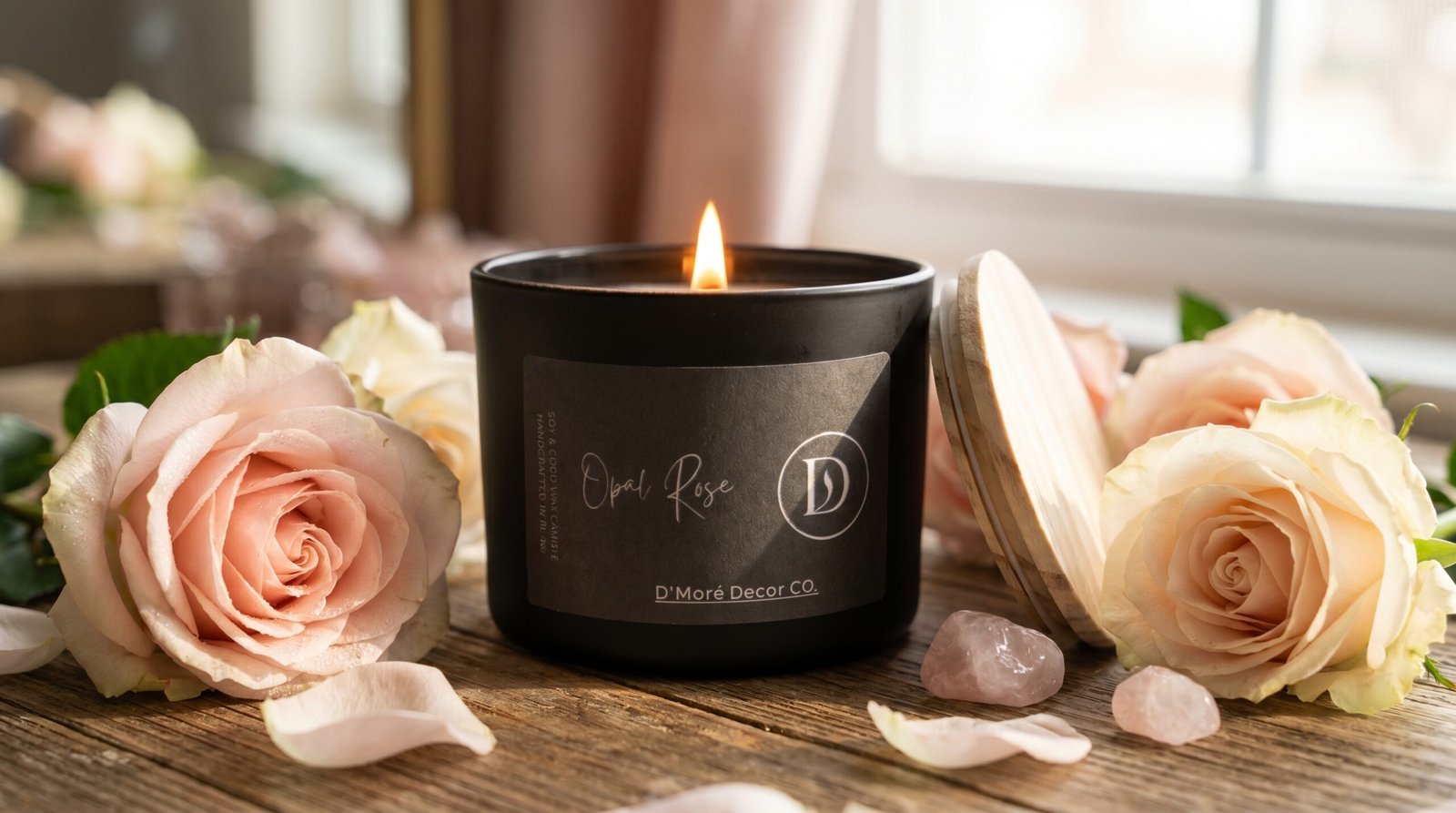 Opal Rose Candle | Romantic Floral Home Fragrance | Black Jar