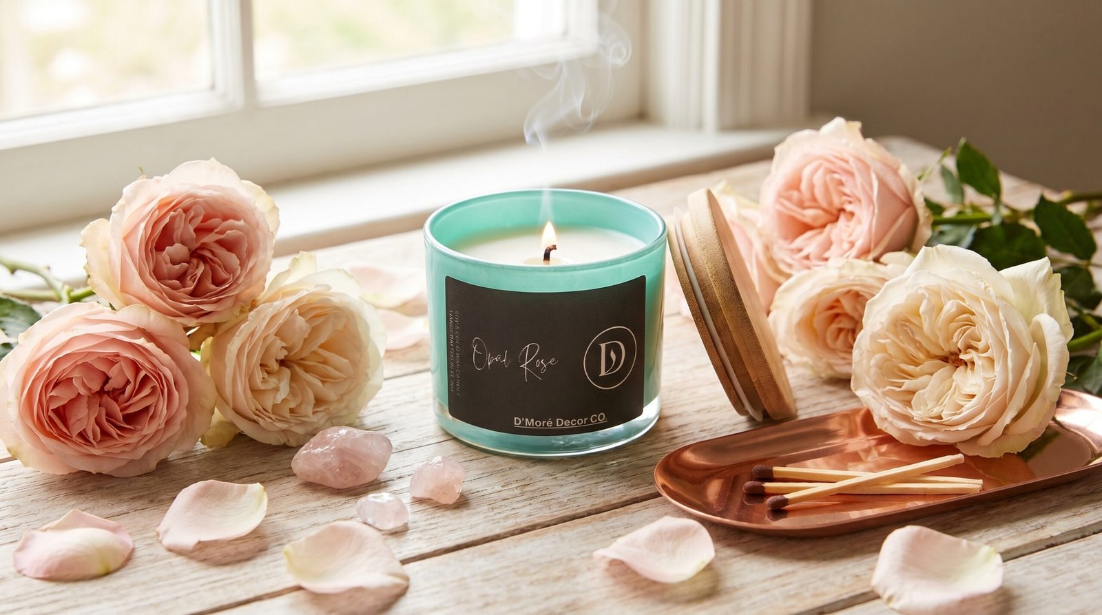 Opal Rose Candle | Romantic Floral Home Fragrance | Green Jar