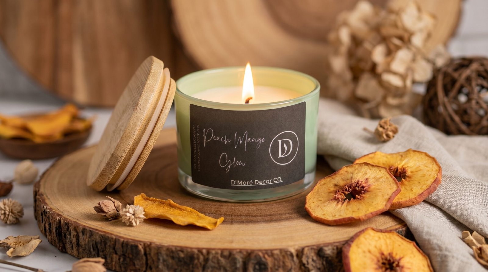 Peach Mango Glow | Peach Mango Scented Coconut Soy Candle | Green Jar